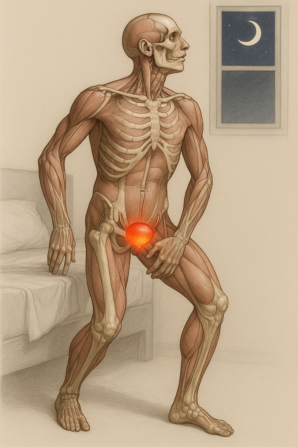 CORPO UMANO ANATOMICO CHE SI SVEGLIA LA NOTTE PER SVUOTARE LA VESCICA, VESCICA ANATOMICA IN EVIDENZA, SFONDO CHIARO NEUTRO emoji