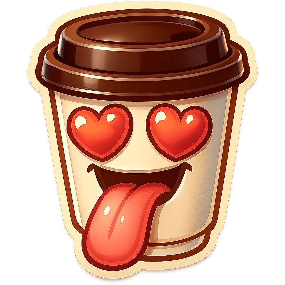 Tall coffee cup, big heart eyes, tounge hanging on ground emoji