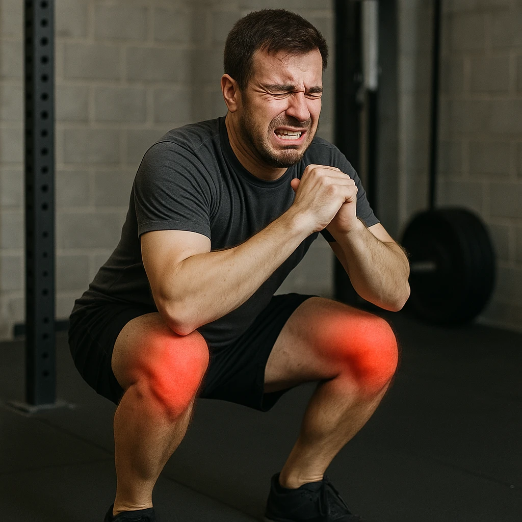 uomo che fa squat pieno di dolori e rossori articolari, per tecnica errata emoji