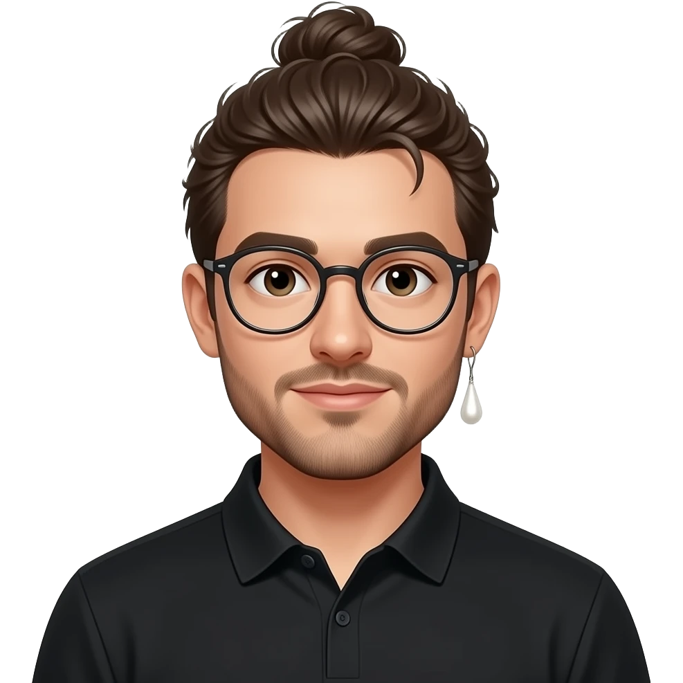 Men with a Messy bun and glasses, long earing with white pearl and black polo emoji