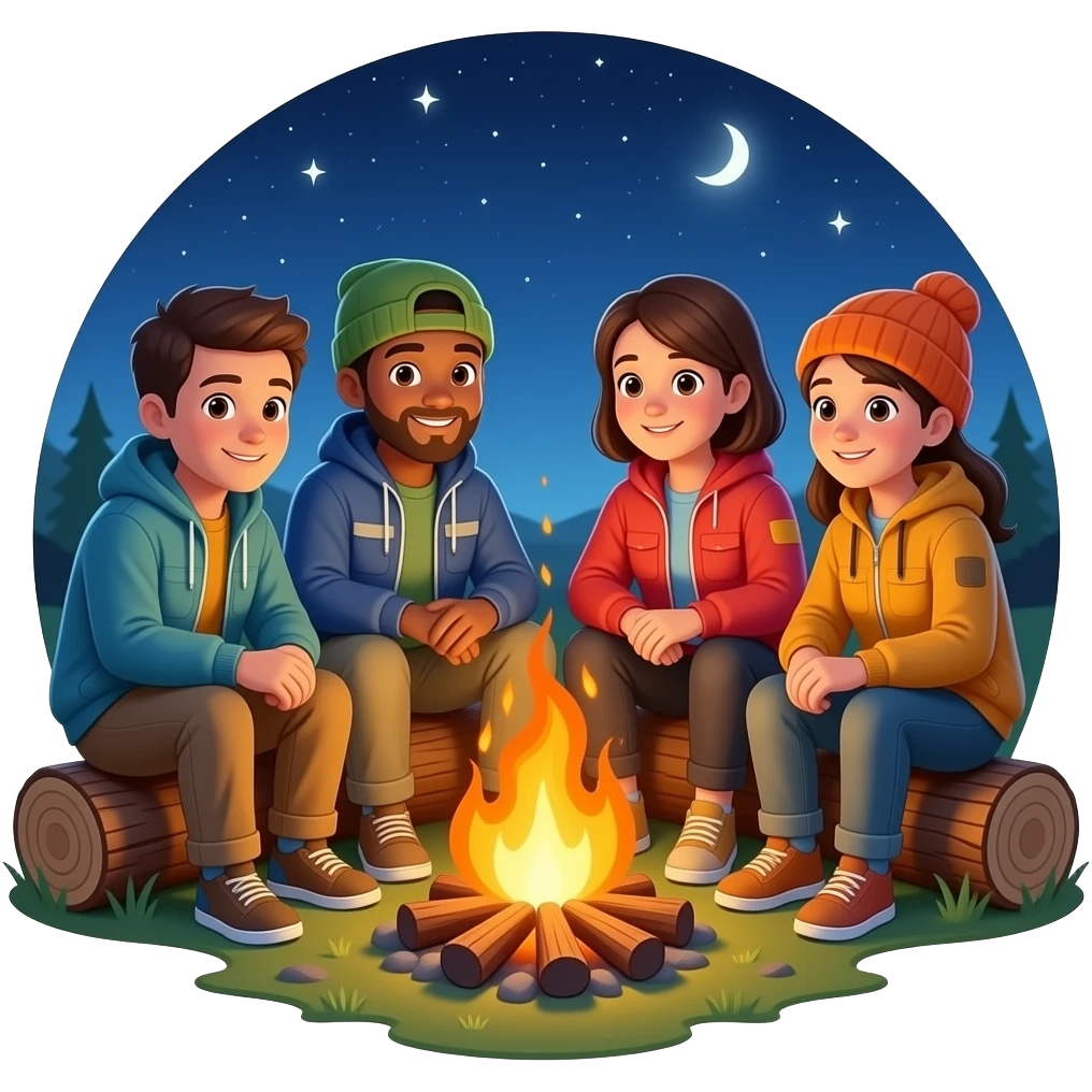 race neutral people around a campfire wearing camping clothing emoji