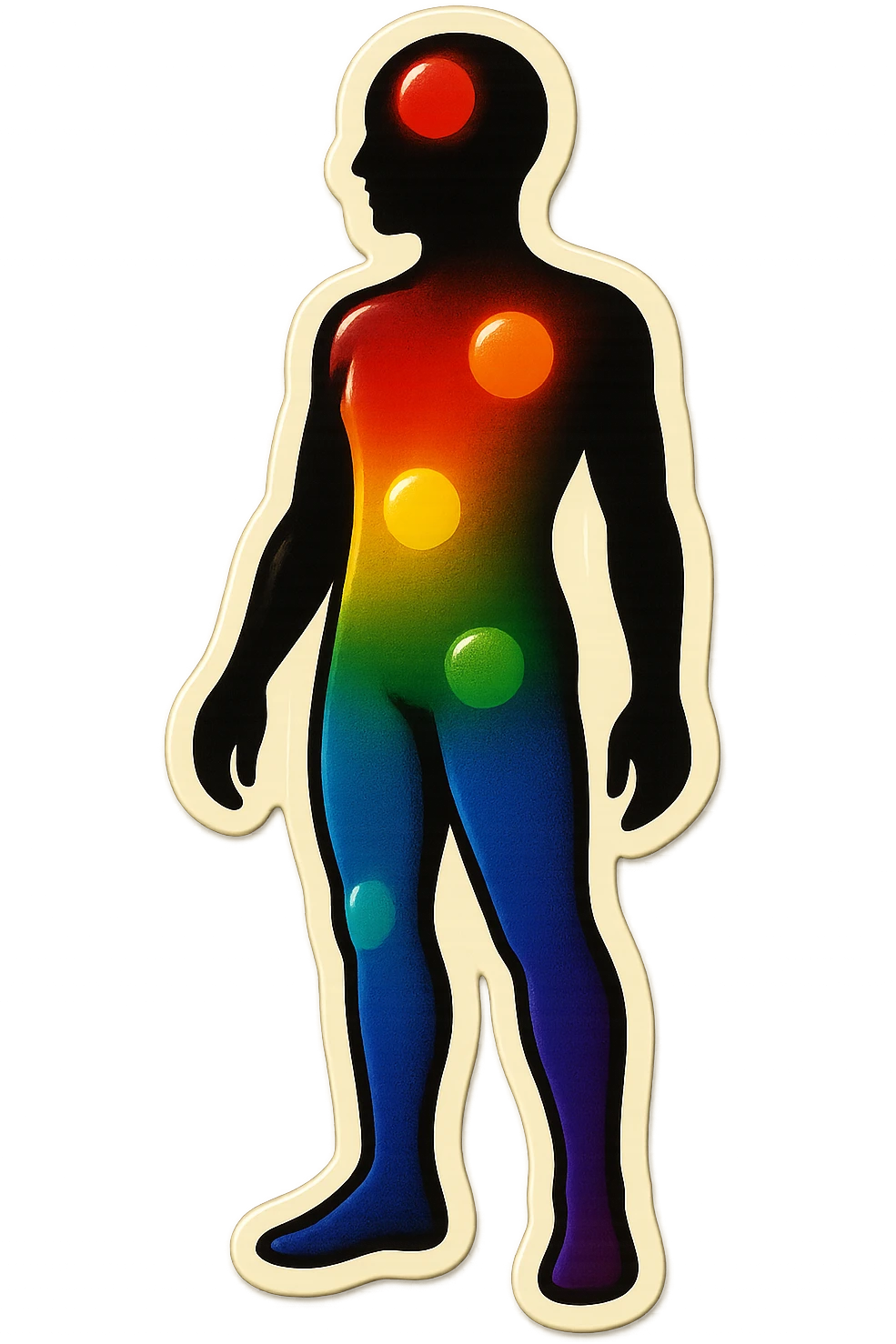 silhouette of a person with multicolored dots on different parts of the body, symbol of psychosomatic zones, retro sticker style, clear contours, shadows and highlights, psychosomatic theme emoji