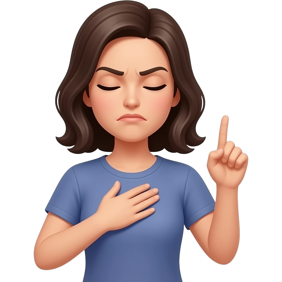 person woman saying not a little angry, eyes closed, one hand on chest, other hand with just the index finger stretched, the hand is in front, mouth as if he was saying not, soft smile, in general she is refusing something emoji