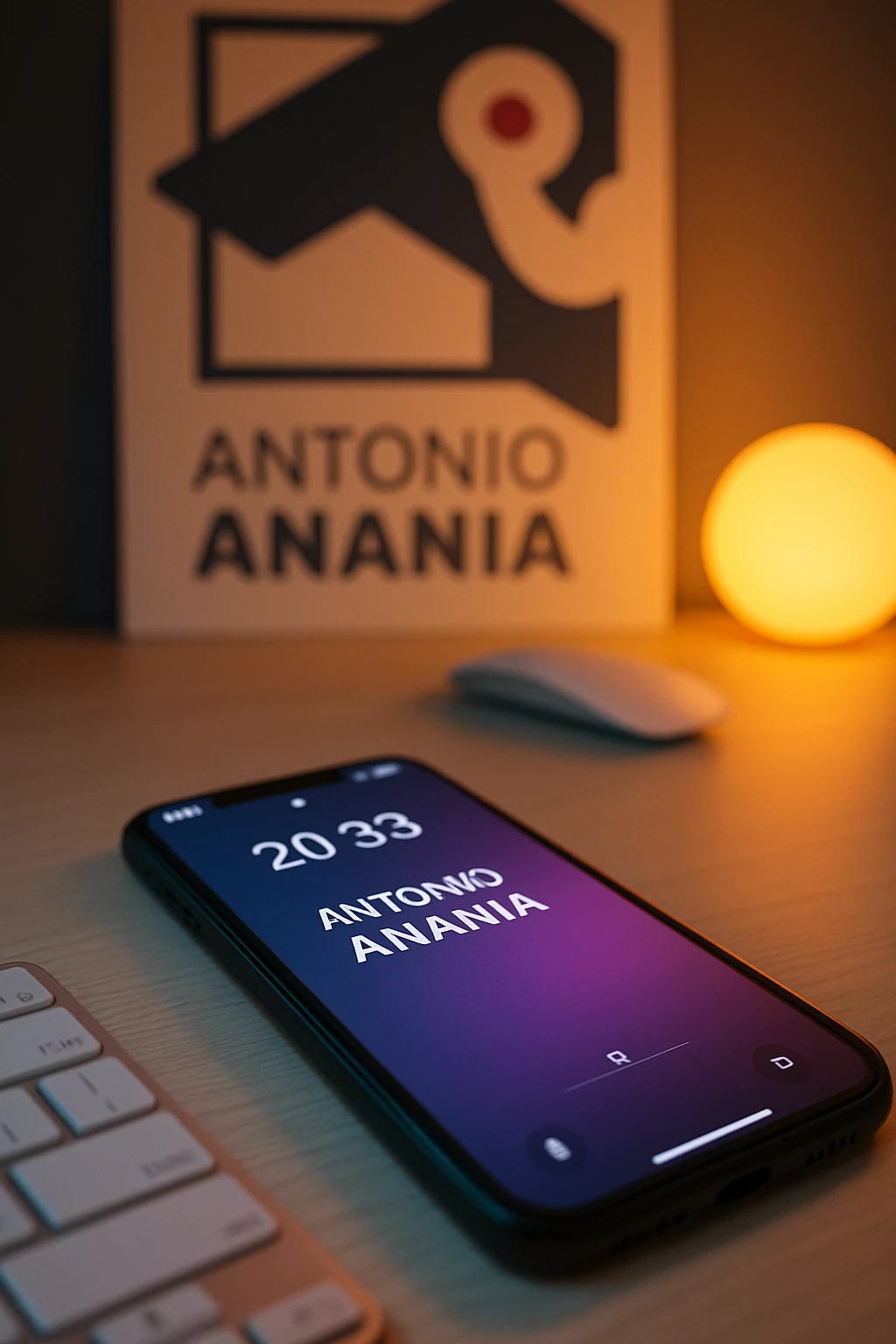 A photo of an iPhone on the desk with the message "Antonio Anania" on its screen, The phone sits atop a desk with a blurred with the logo in the background that suggests work environment. A faint glow from above casts gentle shadows across the surface of each object, creating depth and highlighting their textures emoji
