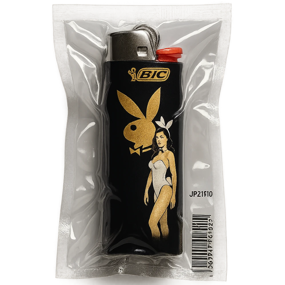 BIC lighter, glossy and puffy, with a gold Playboy Bunny logo and a model in a white bunny suit emoji