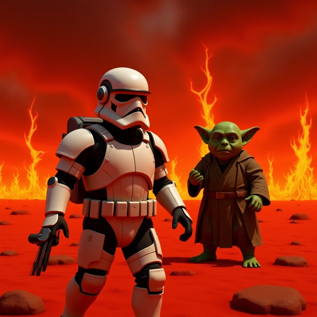 Camera POV, Starwars stormtroopers vlogging selfie, he is walking on lava planet with yoda emoji