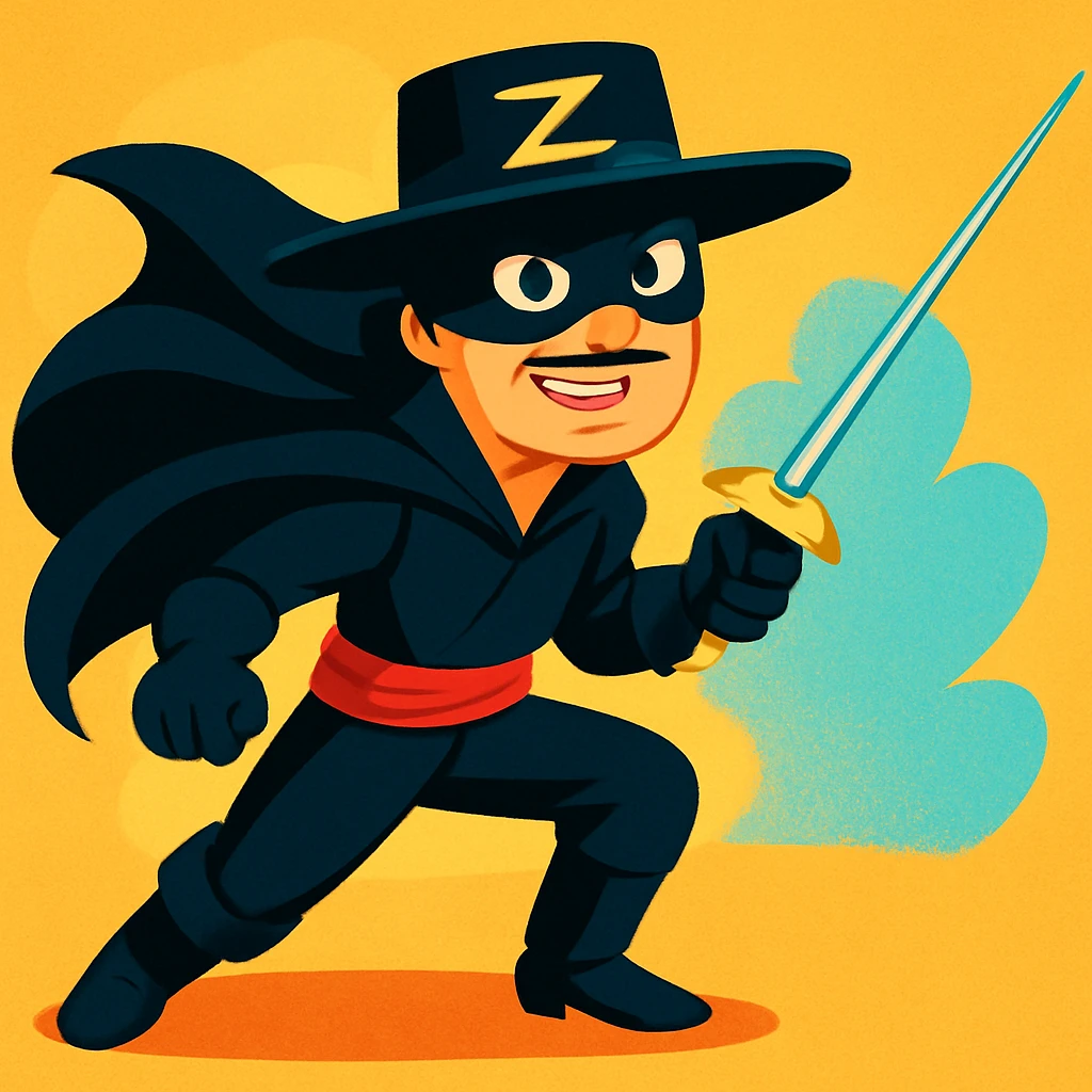 Zorro, masked vigilante with a hat and cape, in a dynamic pose, vibrant cartoon style emoji