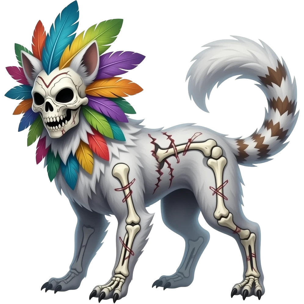 Tropical colorful feathered-masked white-skeletal gloomy foggy eldritch beautiful realistic edgy fantasy ghoul-like stitched vernid-sergal-fursona animal creature with a tufted tail full body with intricate markings emoji