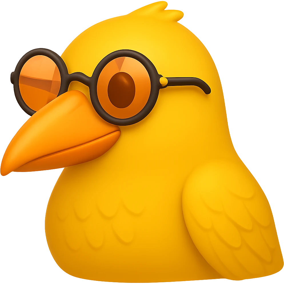 Make the bird emoji more emoji-like, keeping the detailed, slightly cartoonish style and subtle emoji shine. Define the feathers just a bit more than before, but keep it clean and not too realistic. Keep the orange beak and round sunglasses. Bird looking to the right. No background. emoji