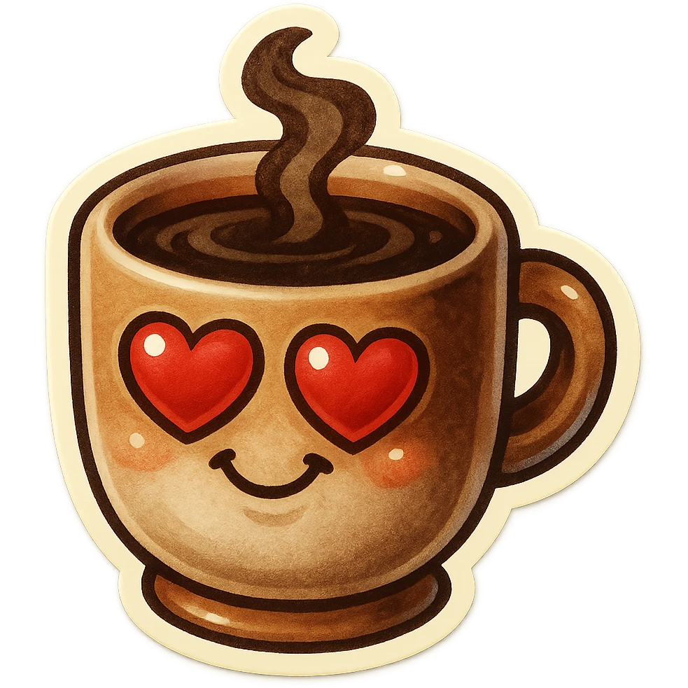 Ink wash style, coffee cup creature, big heart eyes, dopey smile emoji