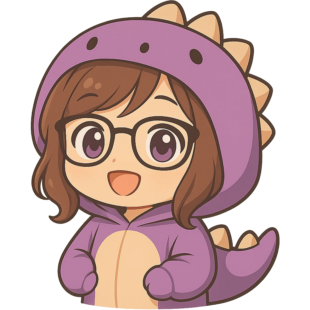Edit the image to depict a chibi anime style girl with glasses, brown hair, dark purple eyes, wearing a purple dinosaur costume, hands down, keep everything else the same, with no background, same style as reference. emoji