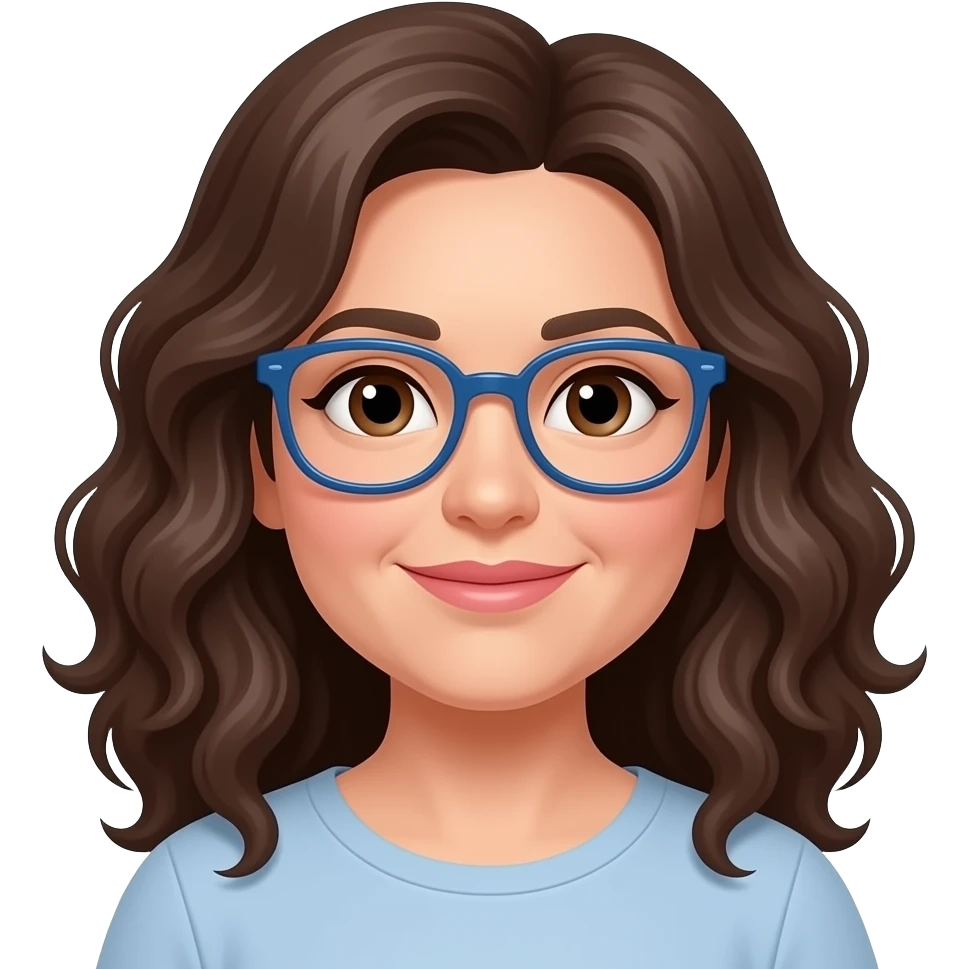 woman in her late 30s, peachy white skin, a little plump, light brown eyes, greying dark brown long curly hair, blue glasses emoji