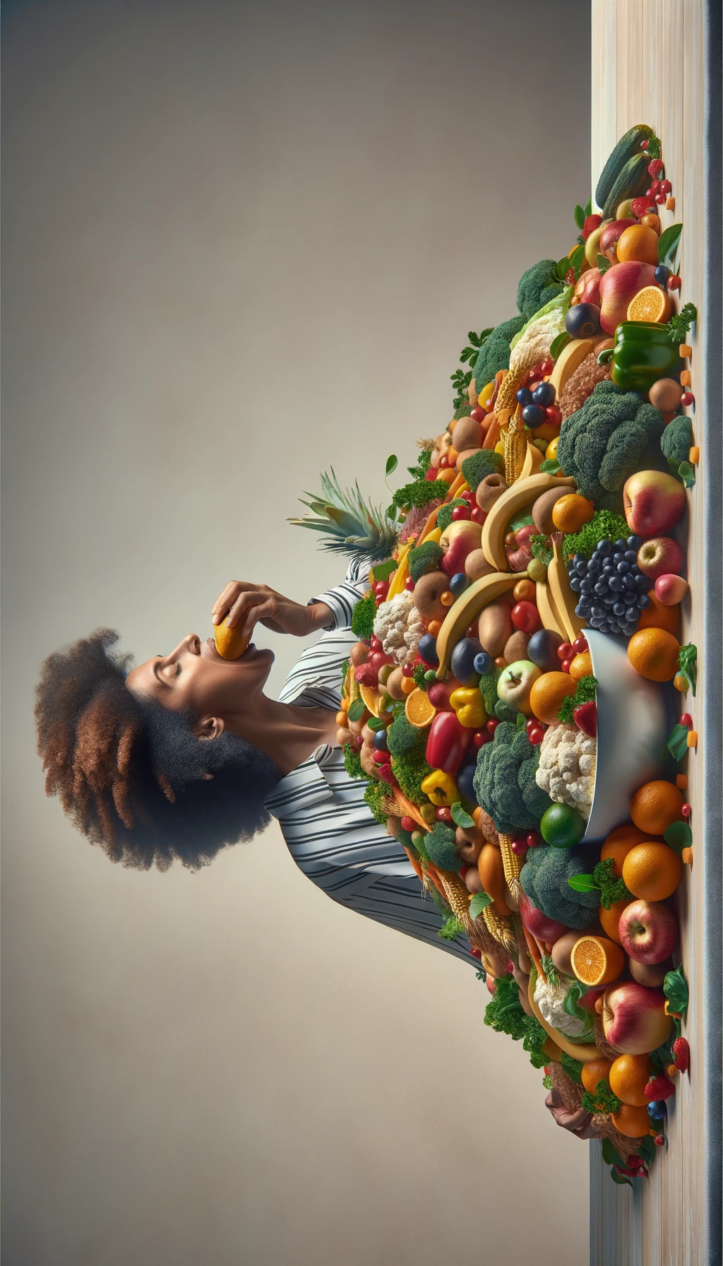 donna che mangia una montagna di frutta e verdura, SFONDO CHIARO NEUTRO, colori realistici, iperrealistico 4k emoji