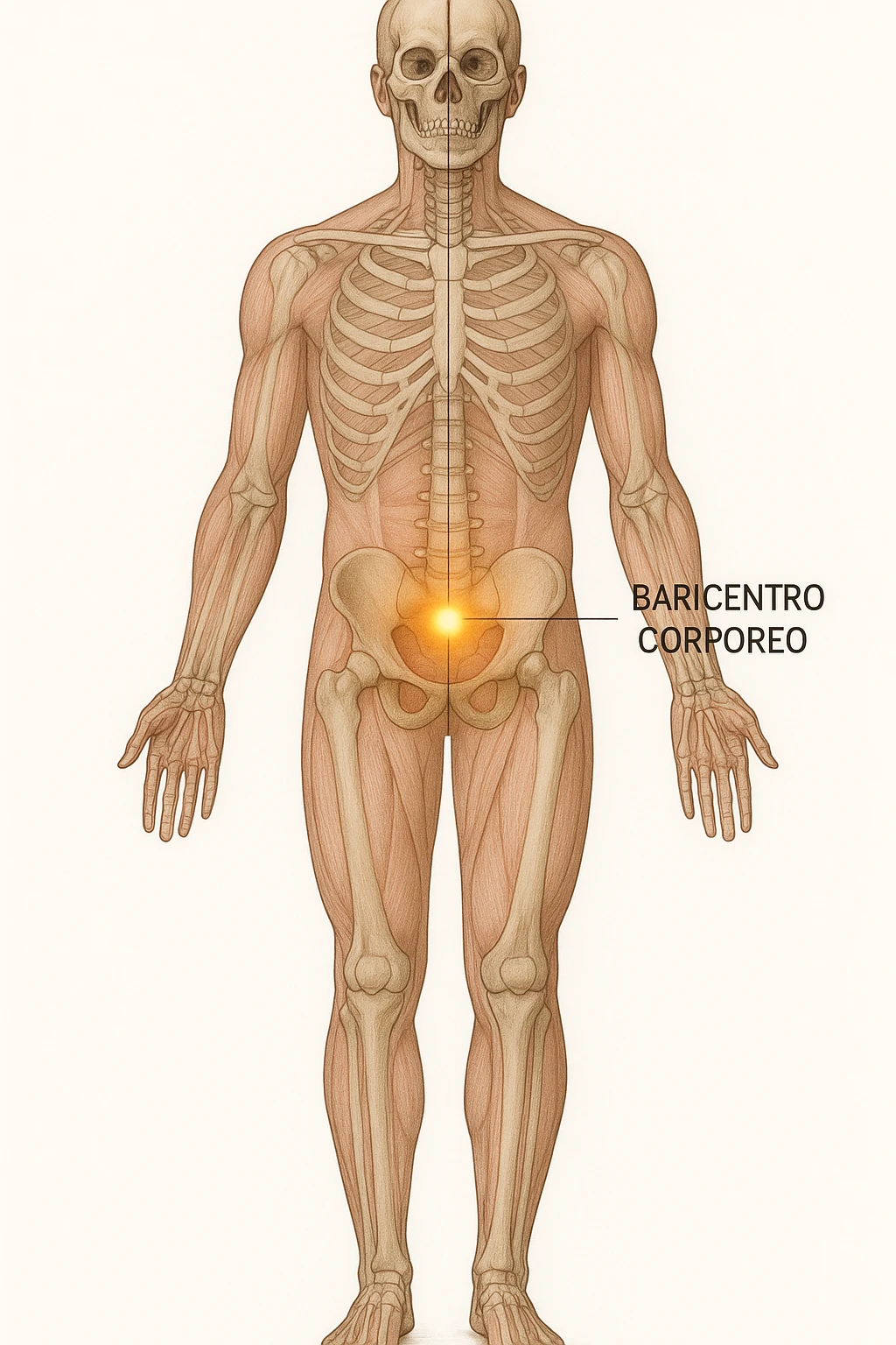 Anatomical, vertical medical illustration of the human body in a neutral standing position, highlighting the body's center of gravity (baricentro corporeo) with a glowing dot or sphere at the correct anatomical location. Transparent overlay shows skeletal and muscular structures. Clean, educational style, white background, clear labels, vertical format. emoji