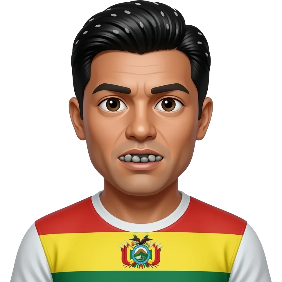 A Bolivian with mouth full of pebbles. Give him a gelled up combover type haircut munching on them. More pebbles put a bunch of pebbles in his hair and ash on his skin with Bolivian flag. Perfect but put Bolivian flag emoji