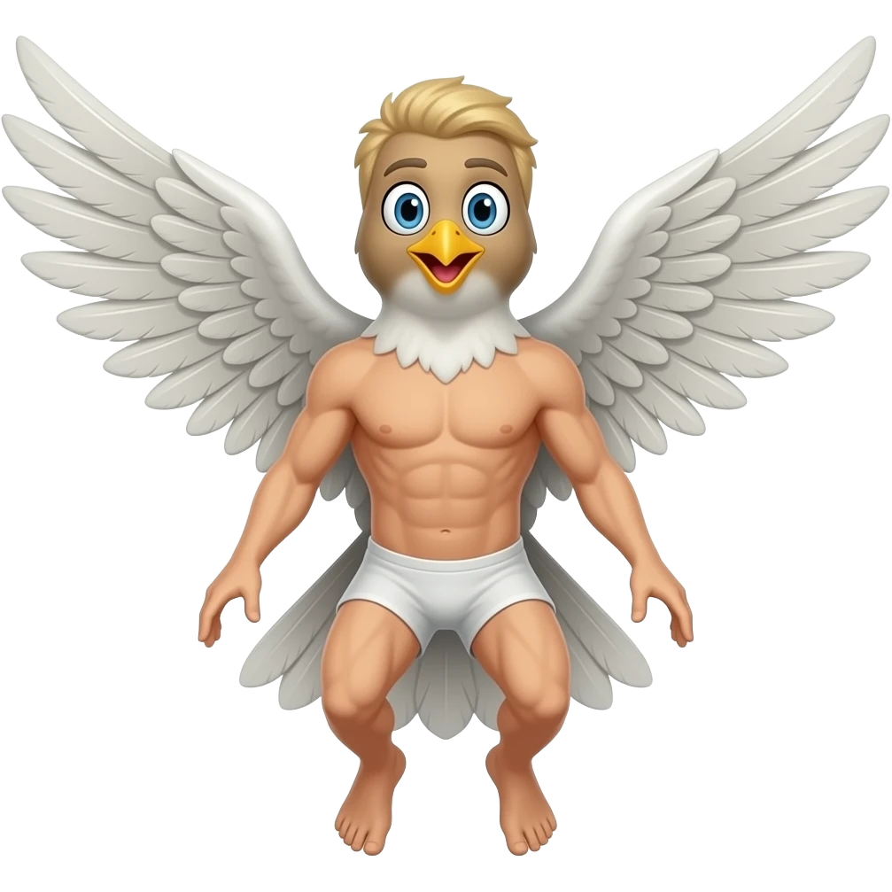 Humano que tem asas e voa junto com passarinho com quatro olhos e duas bocas emoji