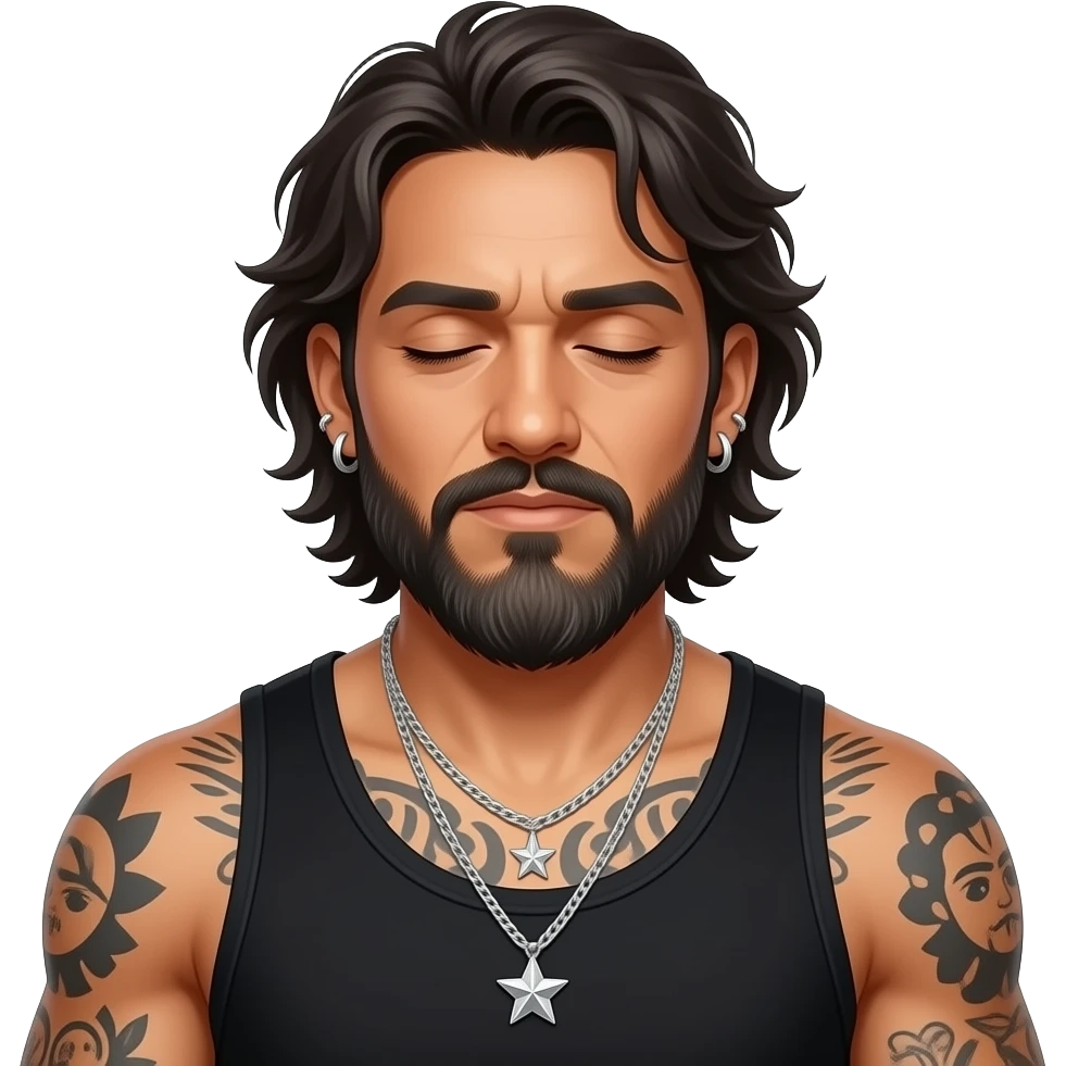 handsome, manly Latino podcast host with black colored eyes wearing a black tank top with silver jewelry, with medium length hair, a very long, lightly graying beard and tattoos, his ear and nose pierced, his hair is a disheveled because he just woke up, eyes barely open emoji
