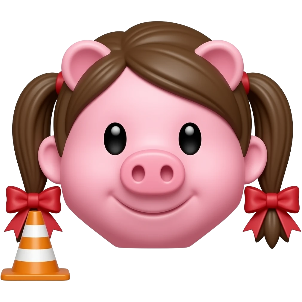 a pink octagon with brown pigtails tied with red bows and traffic cones at the ends of each pigtail emoji