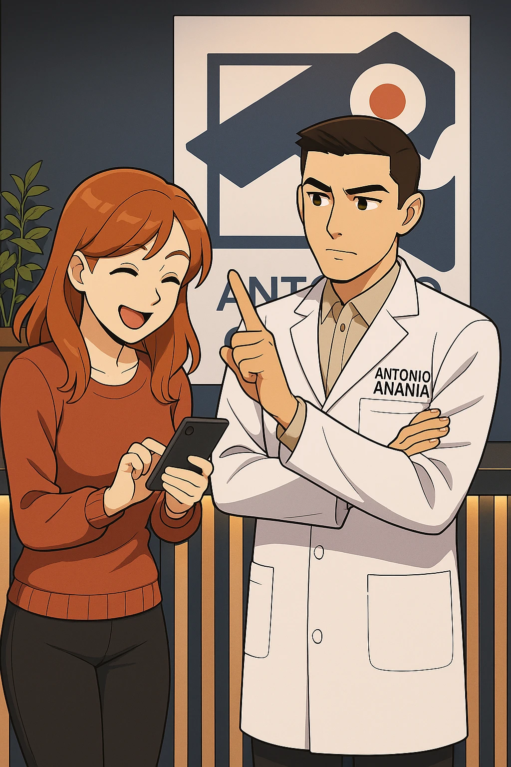 su questo stile fai un manga/webtoon a colori in cui una donna CONTROLLA ENTUSIASTA LO SMARTPHONE MENTRE PARLA CON L'UOMO, l'uomo della foto in stile manga LE DICE DI "NO" CON IL DITO, mantieni un ambiente simile alla foto che ho allegato con il suo logo (sarebbe il suo studio, lui è un kinesiologo), scrivigli "ANTONIO ANANIA" sul camice bianco, non mettere fumetti, ma fai in modo che sembri che la donna CONTROLLI LO SMARTPHONE E L'UOMO CON I GESTI LE FACCIA CAPIRE CHE STA SBAGLIANDO emoji
