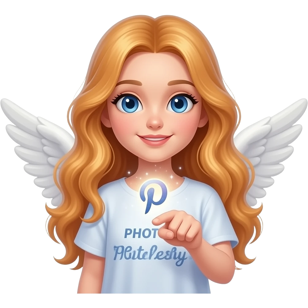 An ethereal blue eyes, glowing amber hair, angel, hand made of starlight holding a crystalline Pinterest logo on right hand, pointing at self. A glowing, bokeh text: 'PHOTOGRAPHY?' on the bellow left hand. Glowing nebula colors, isolated on white, bold 3D icon emoji