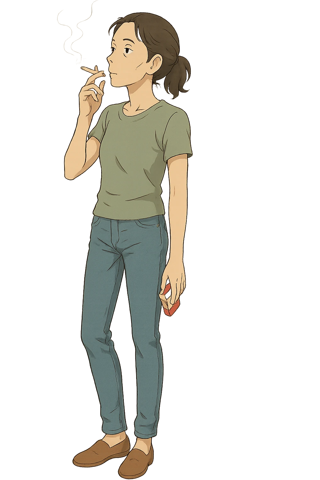 A full body of a slim middle aged woman wearing jeans and a t.shirt holding a packet of cigarettes and smoking emoji