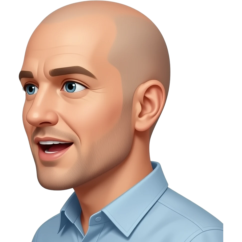 a bald man looking to the side, talking with an open mouth emoji