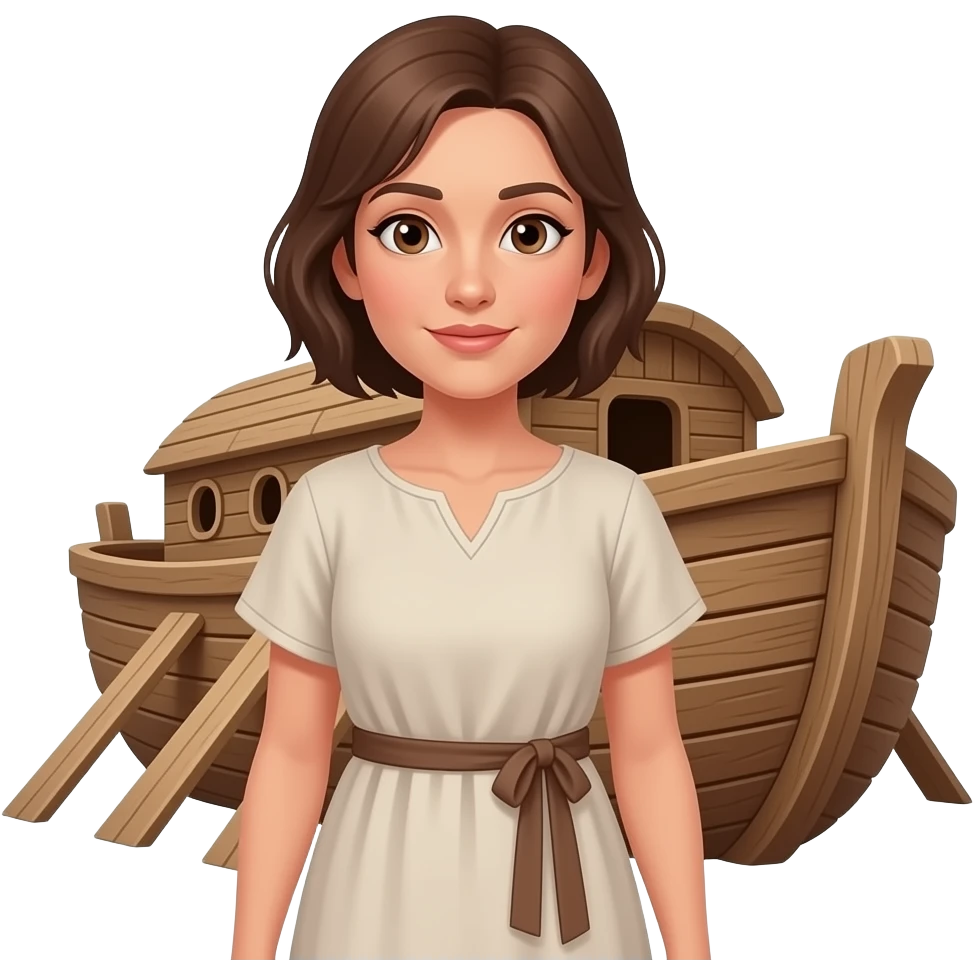 White woman with short brown hair playing the biblical Noah's wife emoji