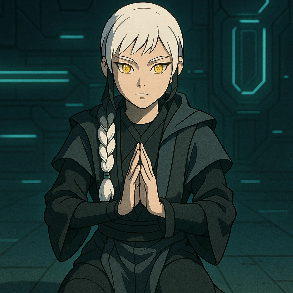  a closeup portrait of young woman with gold yellow eyes, white hair, long braid, black off-shoulder top, punk gothic style, futuristic cyberwave cyberpunk,  jedi attire, kneeling and gathering chi, jedi meditate emoji