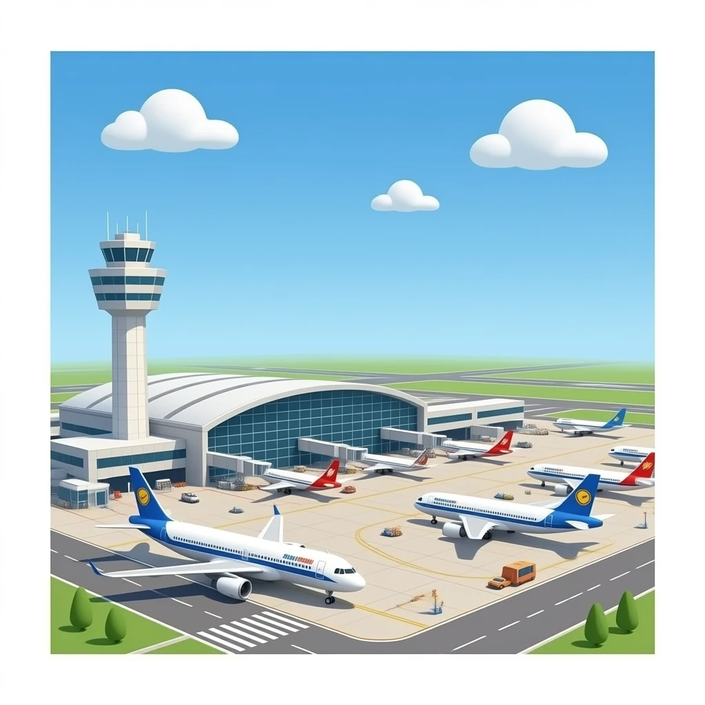 huge 3D airport terminal with lots of planes and ATC tower with no background emoji