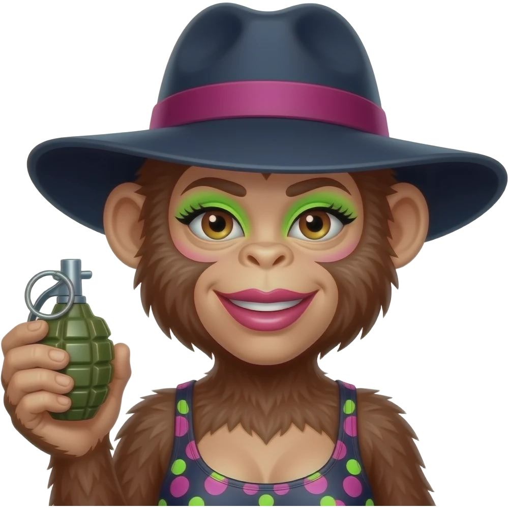 Обезьянка-девочка с ярким макияжем в модной шляпке с широкими полями, губы накаченные ботексом,  и гранатой в руке emoji