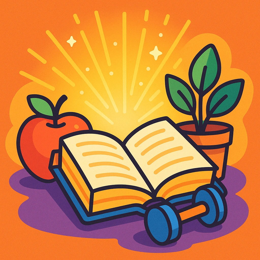 open book with light coming out of its pages, surrounded by wellness elements like an apple, a plant, and a dumbbell emoji