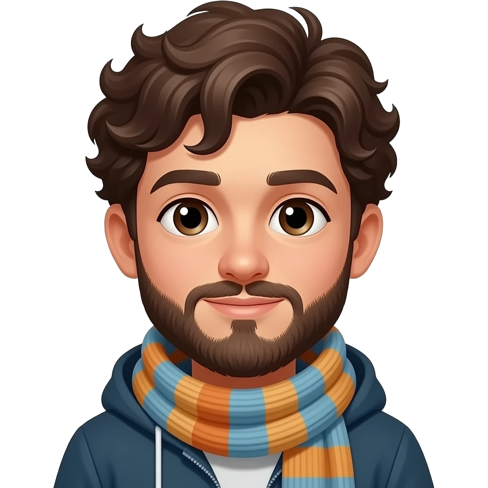 young boy with beared and curly hairs wear muffler emoji