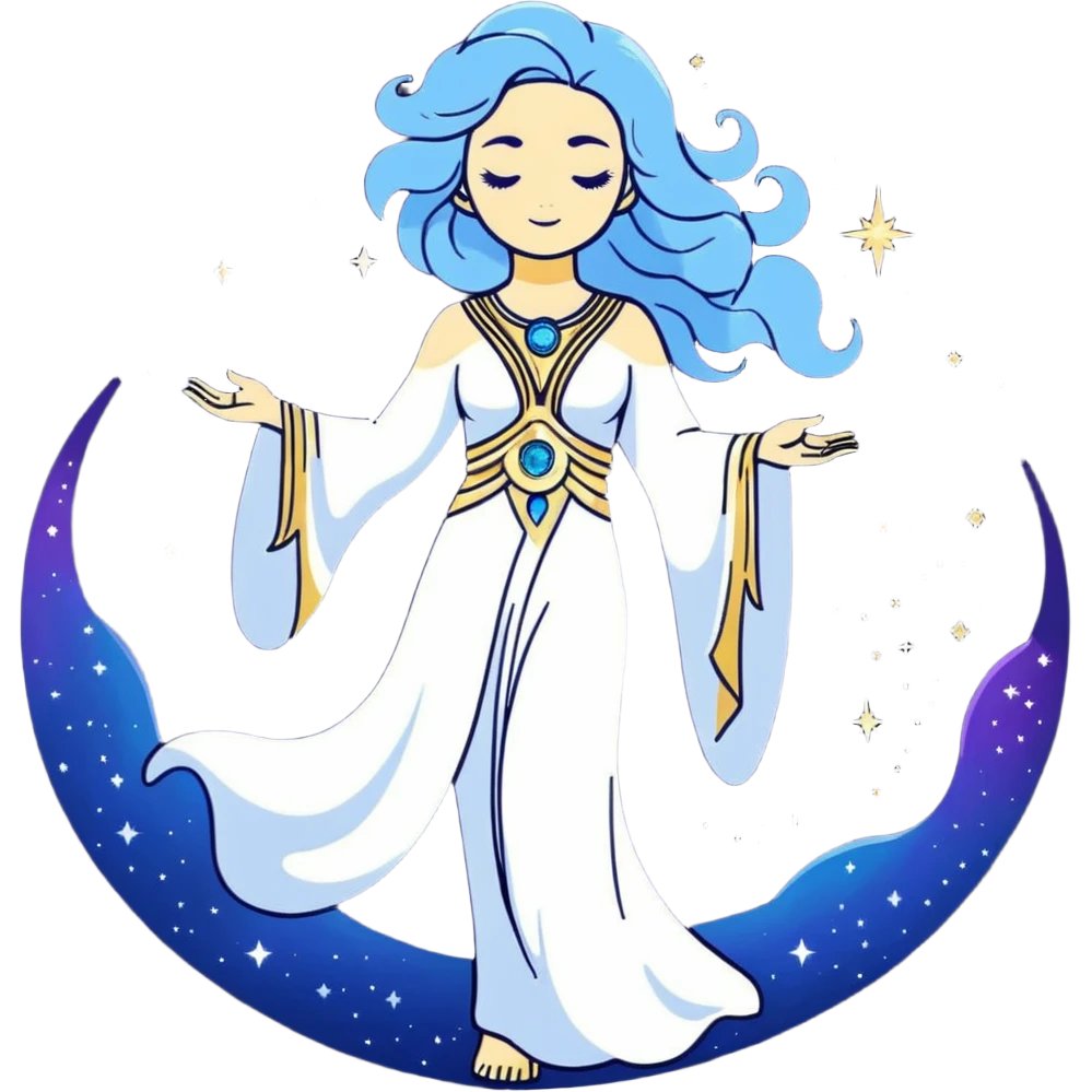 fullbody universe goddess Sophia, Ethereal Light Being, Made of starlight and fractals, Glowing white/gold skin with flowing translucent robes, Hair blue like galaxy mist, Jewelry made of stars and crystals emoji