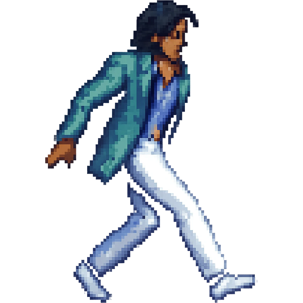 Michael Jackson moonwalking, pixel art style, blue jacket emoji