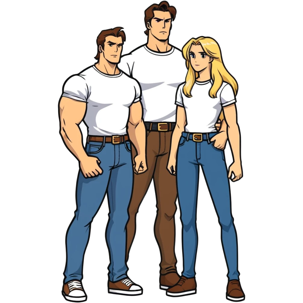 Two people together one, a 35 year-old tall muscular man with brown hair and a shorter blonde woman long hair also very good shape getting married next month. I don’t want them in wedding garb jeans and a T-shirt that show off their bodies would be best. emoji