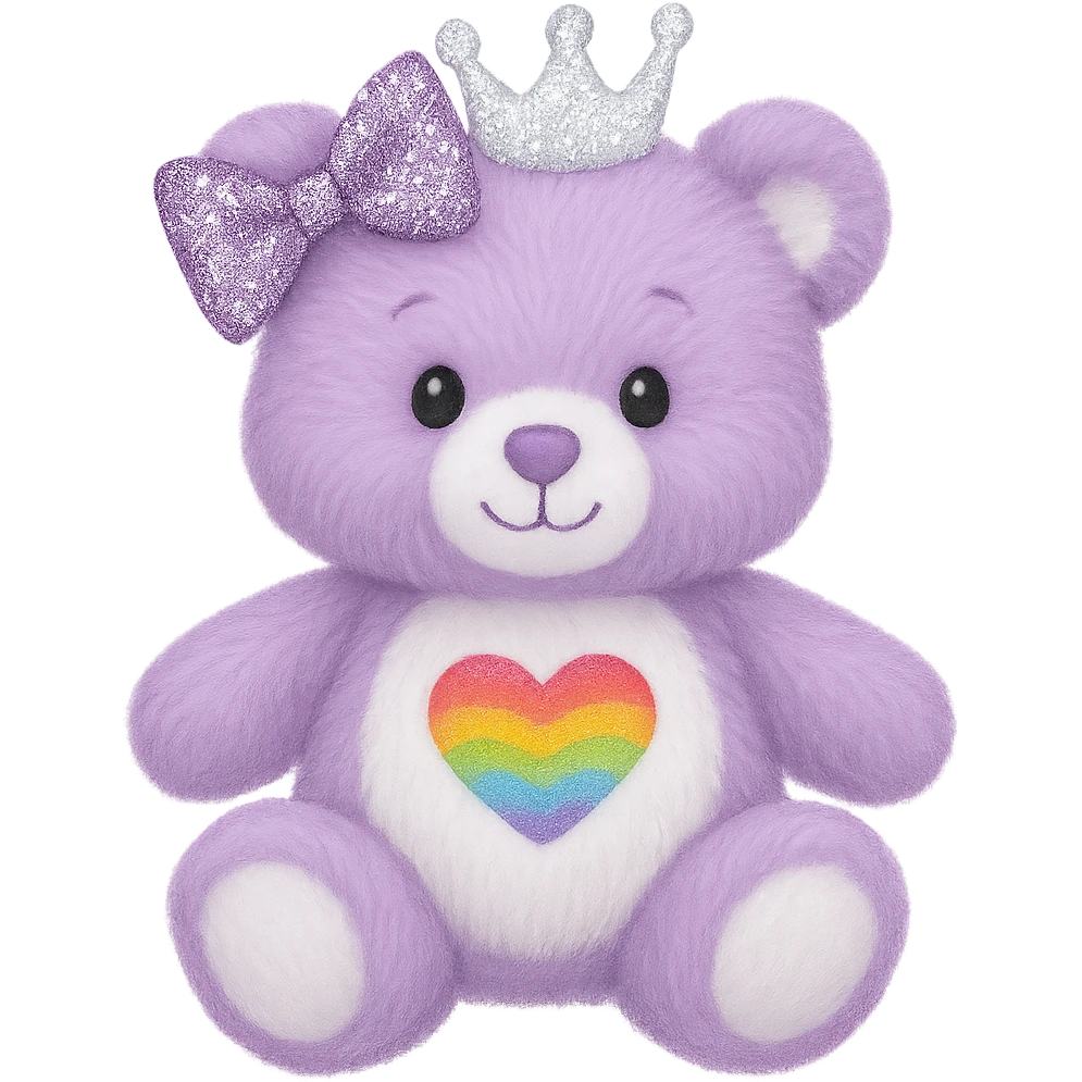 Add a glittery bow that sparkles to the purple and white teddy bear with a heart-shaped rainbow patch and a white crown. Keep the bear soft and plush, with no shadows and flat lighting. Remove the background. emoji