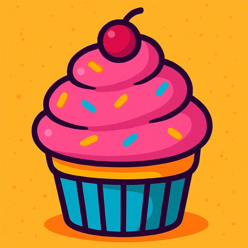 cupcake with pink icing, vibrant and cute emoji