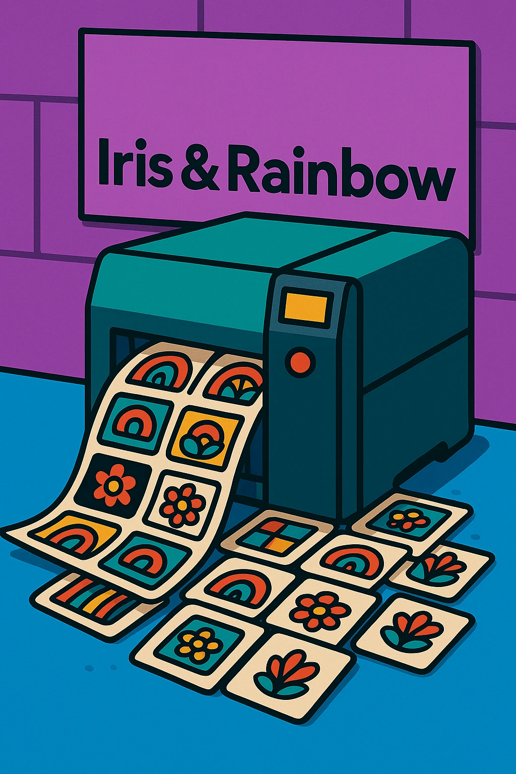 Change the background color behind the 'Iris & Rainbow' logo to purple. Do not add a rainbow to the logo. Keep the rest of the scene the same: a printer rapidly printing many labels, colorful and modern. emoji