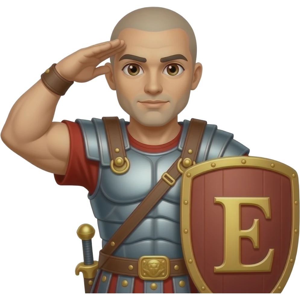 Muscular Roman soldier bald with brown eyes the Letter E on the shield saluting emoji