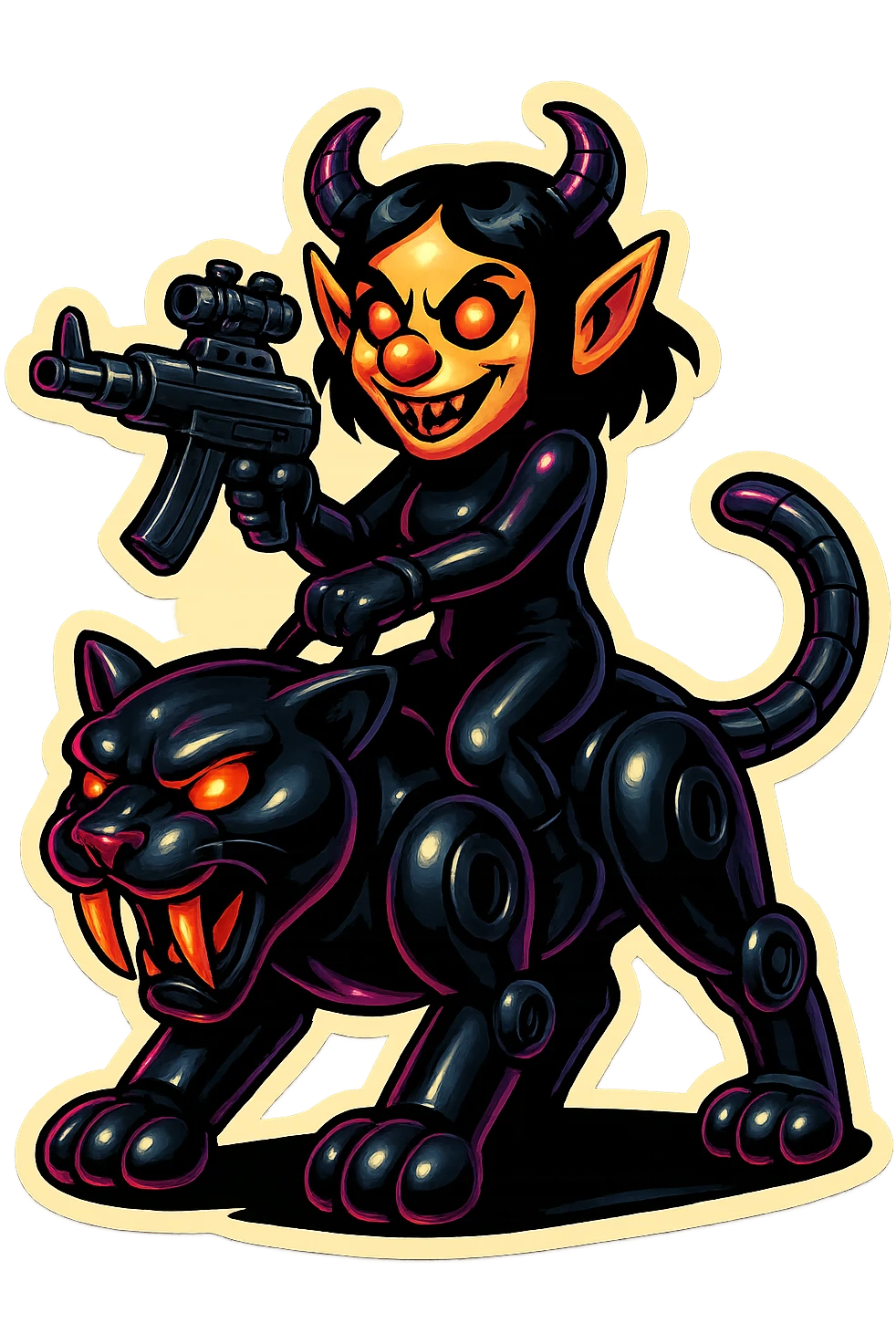 vex rides robotic saber tooth cat the black chrome cat springs with her riding it emoji