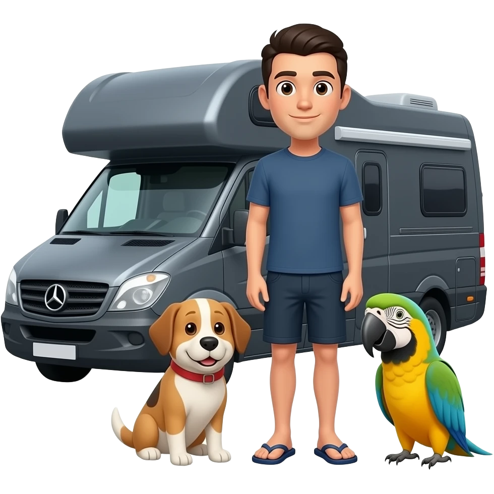 Slim very short dark haired man in shorts and flip flops standing next to a dark grey Mercedes low roof style rv with a dog and parrot emoji emoji