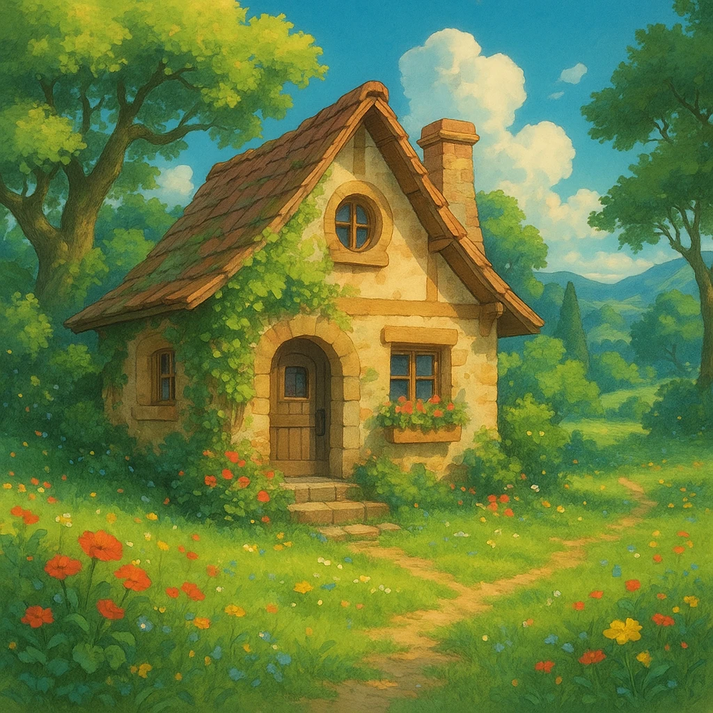 a cozy cottage in a magical landscape, ghibli style, detailed, enchanting, lush environment emoji