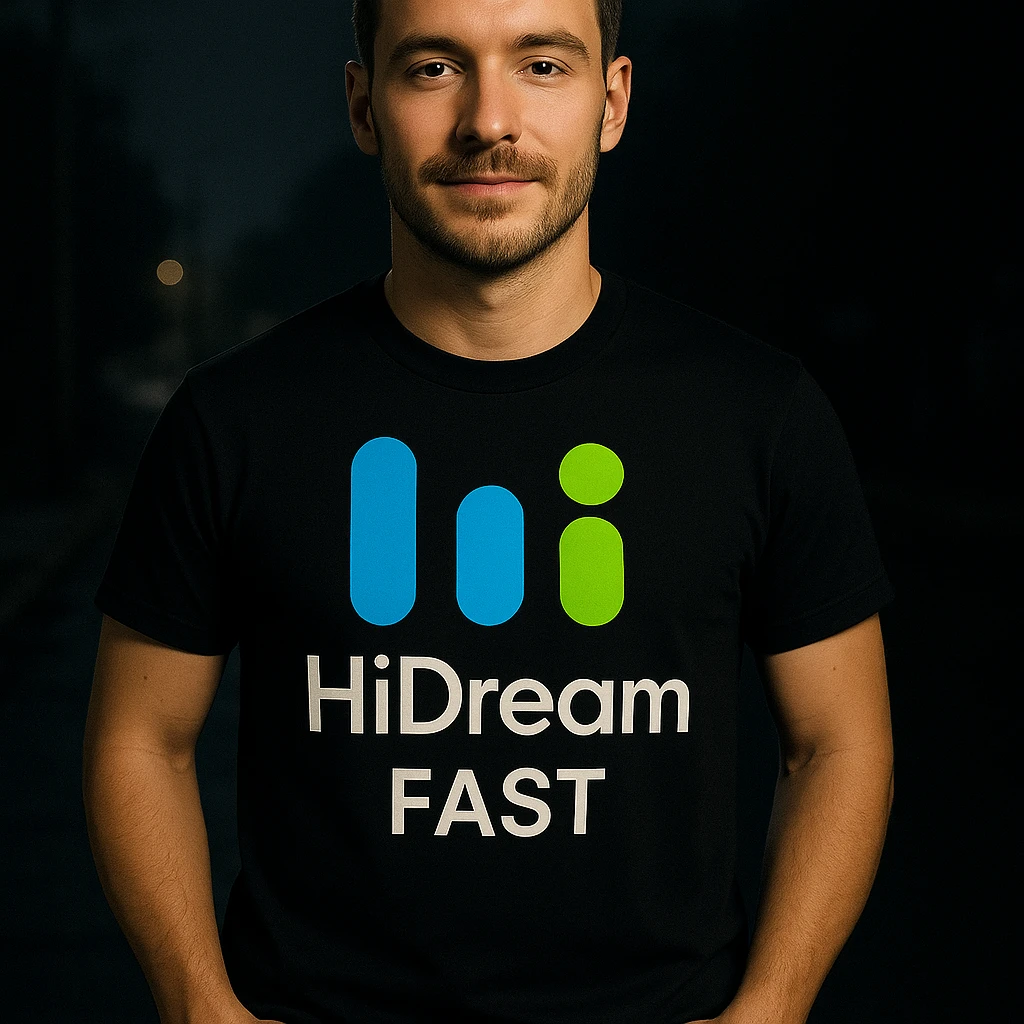 man wearing tshirt with this logo, dark night background with dim , add fast below logo, make man fit into image emoji