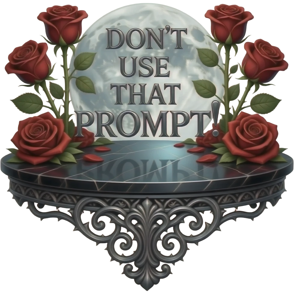 A heavy obsidian table bar text 'DON'T USE THAT PROMPT!' with silver filigree engraving. Deep red velvet roses with thorny stems wrap over the letter. Glowing moonlight effect, dark and moody atmosphere, deep glowing emoji