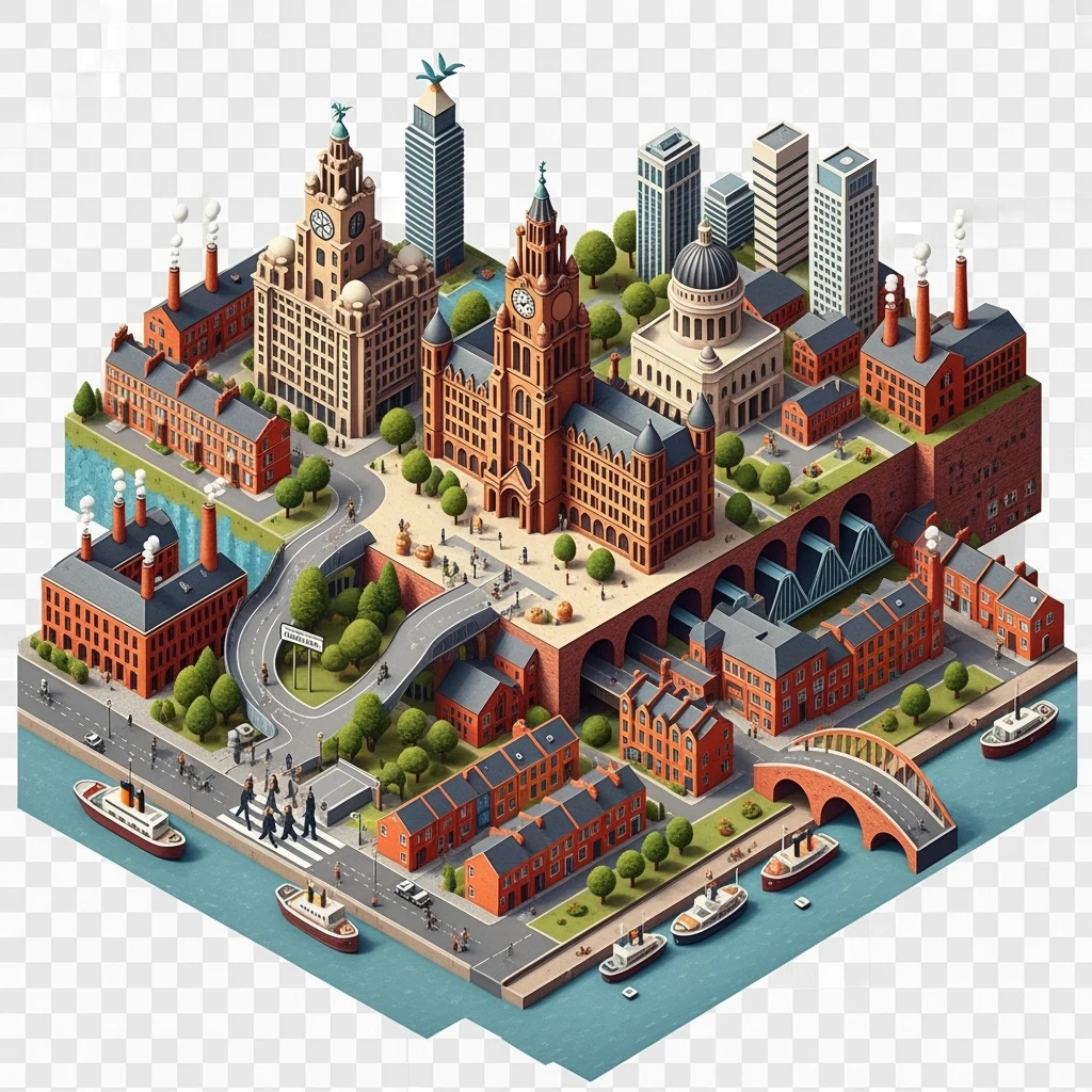 Isometric illustration of Manchester and Liverpool combined, featuring Beatles references (Abbey Road sign), Manchester Town Hall, toy-style factories, balanced between stylized painting and realistic, transparent background emoji