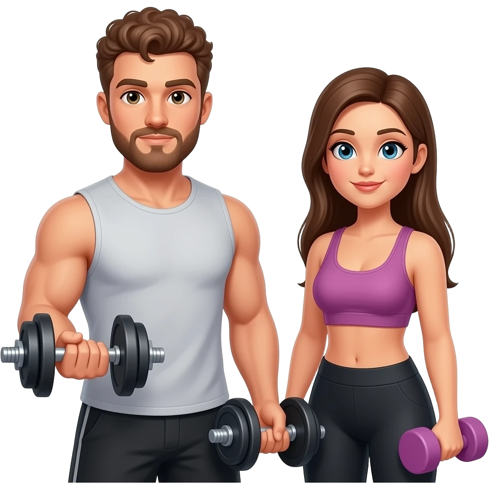 Realistic white man brown super short curly hair with beard working out with realistic white woman brown long straight hair aesthetic emoji