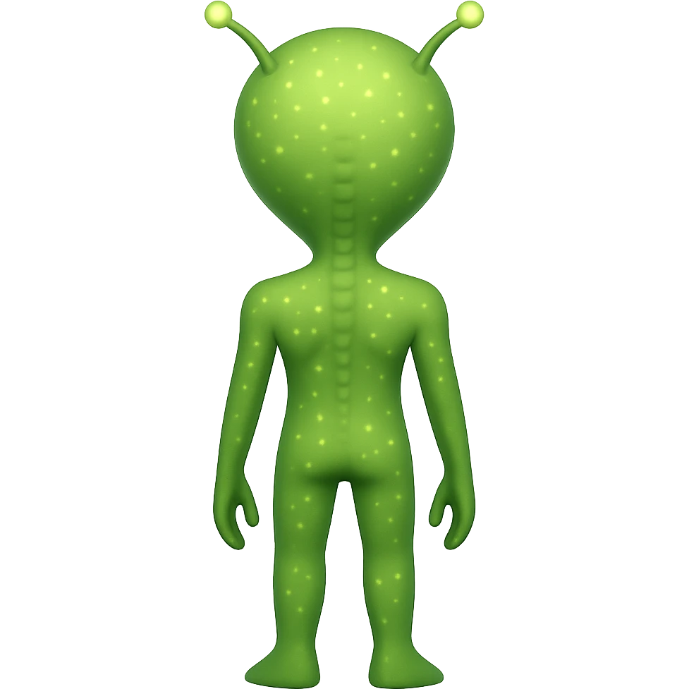 Add more details to this rear view alien in emoji style: visible antennae, subtle back ridges, small glowing spots, and a hint of feet, no background. emoji