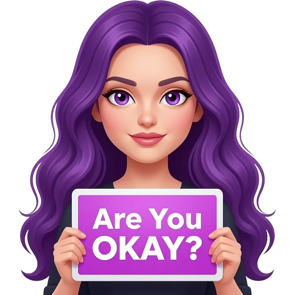 sexy girl with long purple hair and purple eyes holding Are You OKAY? sign emoji