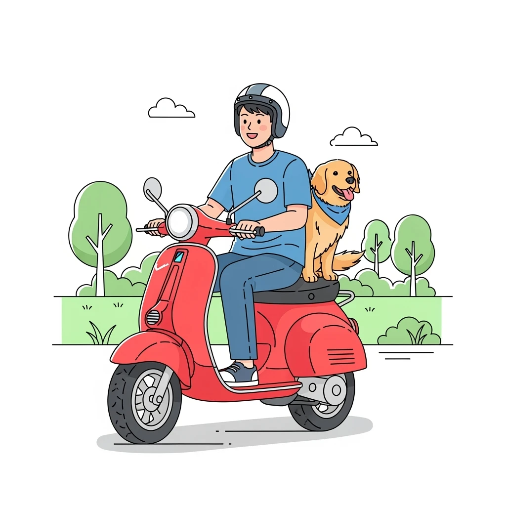 color vector art with thin outline of man and pet dog riding a scooter emoji