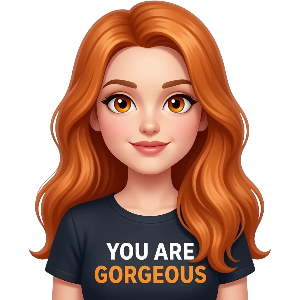 sexy girl with overlong ginger hair and ginger eyes a top with YOU ARE GORGEOUS written on it emoji